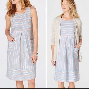 J. Jill Love Linen Linen teal white & brown striped Jumper Dress Blue Stripe M